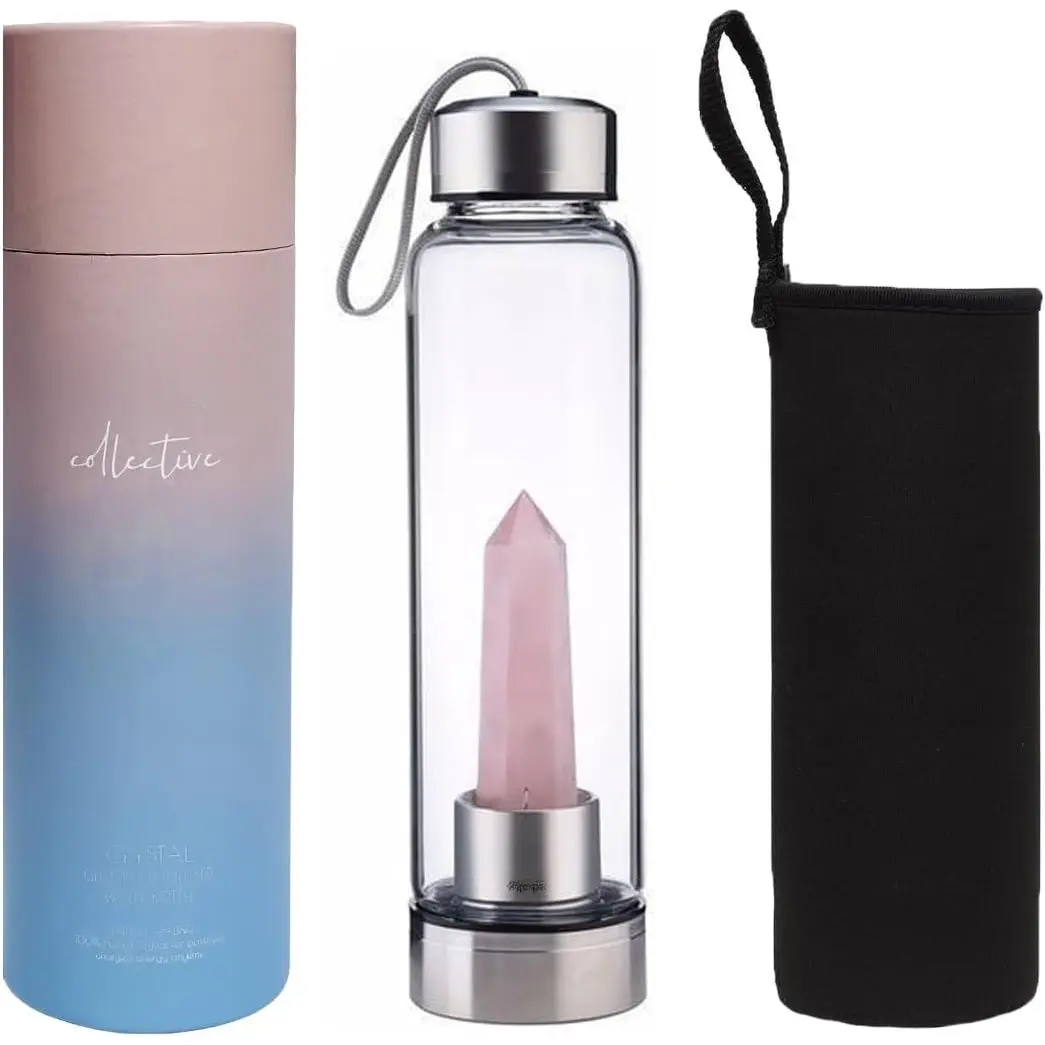 Crystal Water Bottle - Rose Quartz  Infused Elixir -  Wellness  - Glass/Stainless Steel