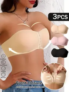 Women's Strapless Push-Up Bra, Invisible Wireless Wedding Gown Underwear, Comfortable Min Support, All Seasons Fitted Plain Design Wirefree Bra