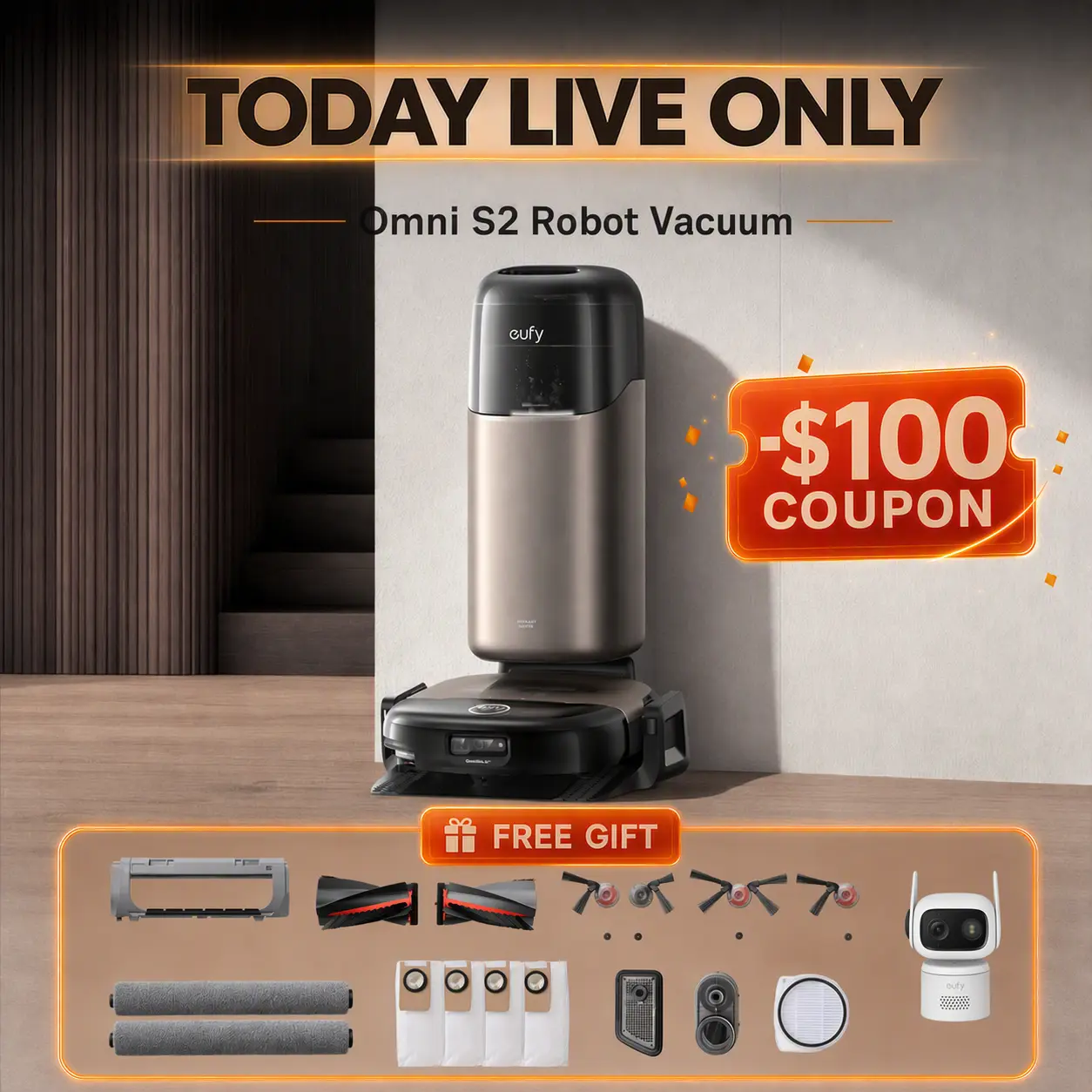 NEW eufy S2 Robot Vacuum Omni and Mop Combo, 30,000 Pa AeroTurbo 2.0 Long-Lasting Suction, HydroJet  2.0 Self‑Cleaning Roller Mop, CleanMind AI Navigation, Fragrance Diffuser, All‑in‑One Station