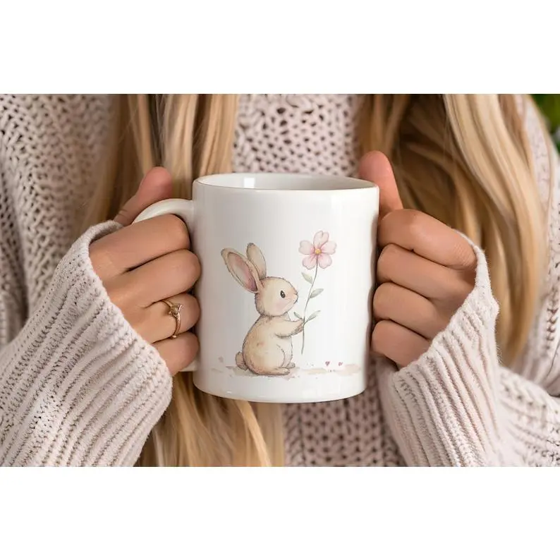 Cottagecore Bunny and Flower mug, wildflower Bunny vintage cup, cute Rabbit coffee cup, Spring floral mug, Woodland Animals Lover Gift #131