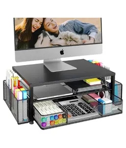 Desk Organizer and Accessories, 2-Tier Computer Monitor Stand Riser with Drawer and 2 Pen Holders, Laptop Stand, Office Desk Accessories for Office Supplies, Black