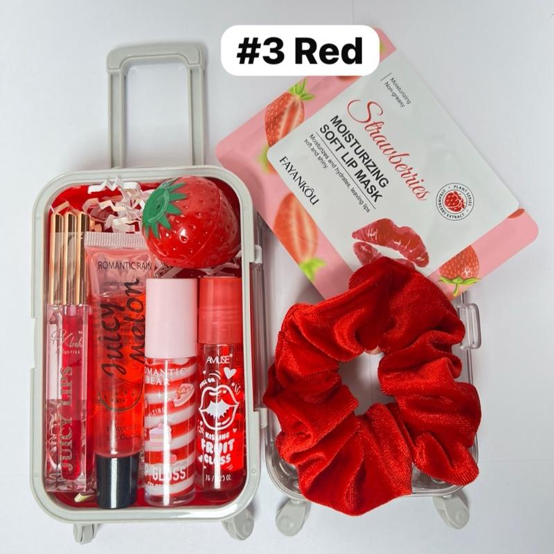 Mini Suitcase Lip Gloss Bundle ( lip oil, lip gloss, lip balm + scrunchie+ random hydrating lip mask)