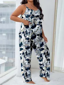 【Plus Size】 All Over Print Cami Top & Pants Pyjama Two-piece Set, Casual Comfy Loungewear Set for Women, Women's Sleepwear for All Seasons, Homewear