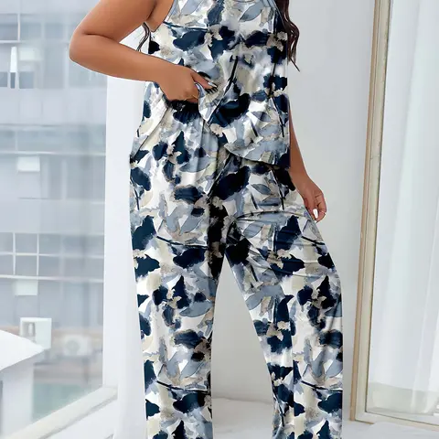 [Plus Size] All Over Print Geometric Cami Top & Pants Pyjama Two-piece Set, Casual Comfy Loungewear Set for Women, Women's Sleepwear for All Seasons, Homewear