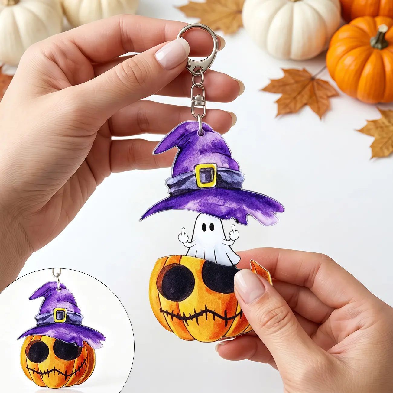 Unisex Interactive Acrylic Ghost Pumpkin Keychain - Revealing Cheeky Jack-o-Lantern Witch Hat Design, Cute Halloween Women's Backpack Charm, Fashion Costume Jewelry Accessory Gift