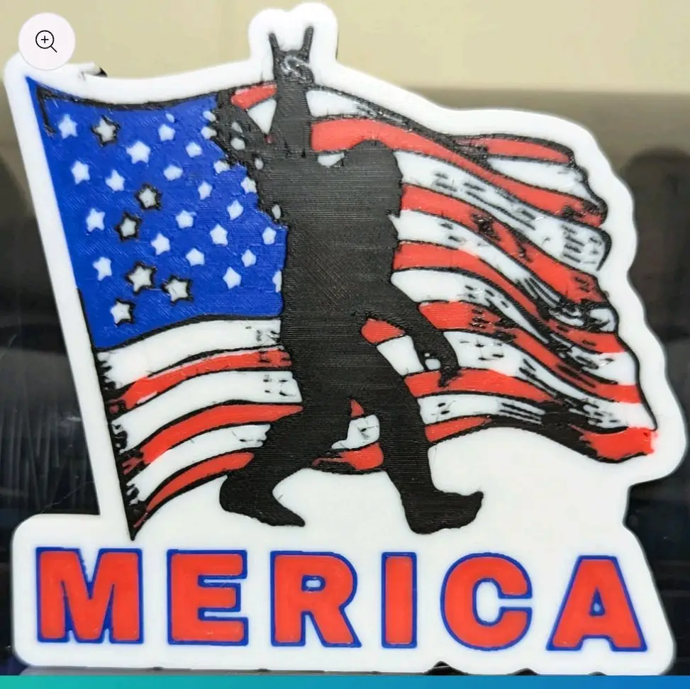 Bigfoot MERICA Keychain with Patriotic American Flag Design and Bold Red Blue Letters