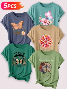 5PCS Floral & Butterfly Themed Women's Casual Short Sleeve Crew Neck Cotton T-Shirt Set – Bestselling Graphic Print, Multicolor, Machine Washable Spring & Summer Top, Soft Skin-Friendly Fabric, Daily Versatile, Fashion Design