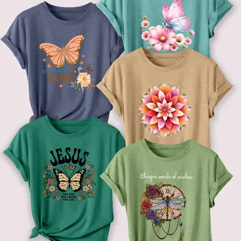 5pcs Floral & Butterfly-Themed T-Shirts, Women's Casual Short-Sleeve Crew-Neck Cotton Shirt Set , Bestselling Graphic Print, Machine-Washable Spring & Summer Tops, Soft Skin-Friendly Breathable Lightweight Fabric, Daily Versatile Fashion Design