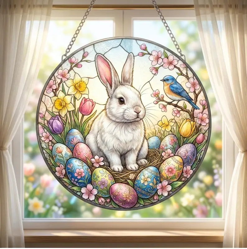 Easter Bunny Stained Glass Suncatcher Window Hanging – Cute Bunny with Floral Easter Eggs & Spring Flowers Round Glass Panel, Colorful Spring Window Decor, Bunny Sun Catcher Ornament, Easter Home Decoration Gift 🐰🌸🥚✨