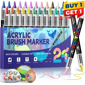 Acrylic Brush Marker Pens Set - 24 Rich Colors Flexible Tip Free Ink System for Rock Ceramic Wood Canvas Plastic Glass Stone DIY Crafts Gift Easter Egg Decorations