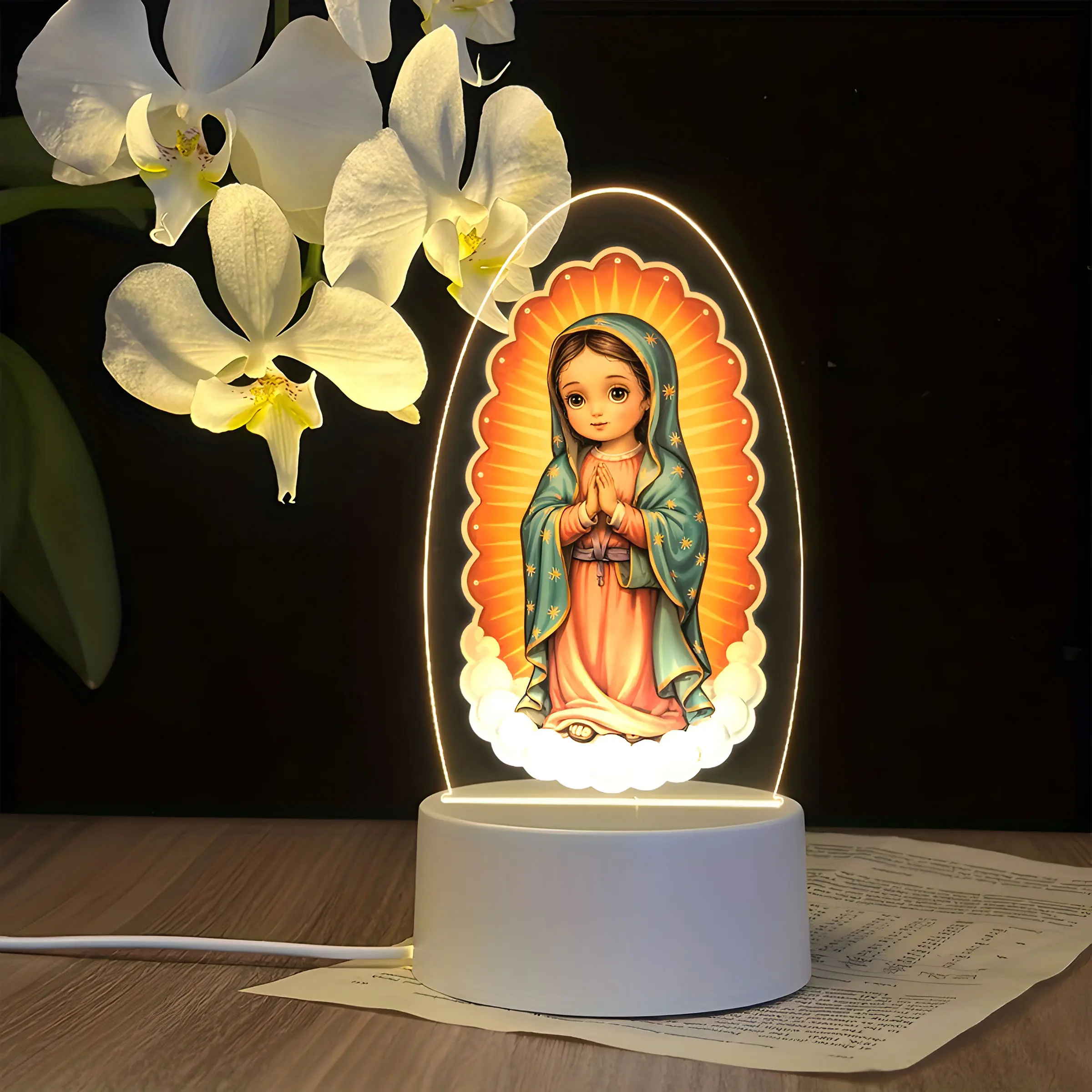 Cute LED Acrylic Night Light with Virgin Mary Image, USB Interface & Switch, Bedside Lamp, Christian Home Decor, Decorative Night Light, Electronic Lamp, Perfect Gift