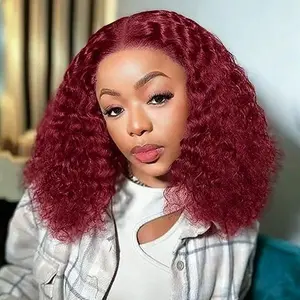 Density 180 Burgundy 99J Short Bob Wigs Curly Wave 13x4 HD Lace Front Human Hair Wig  Curly Glueless Lace Closure Frontal Wig