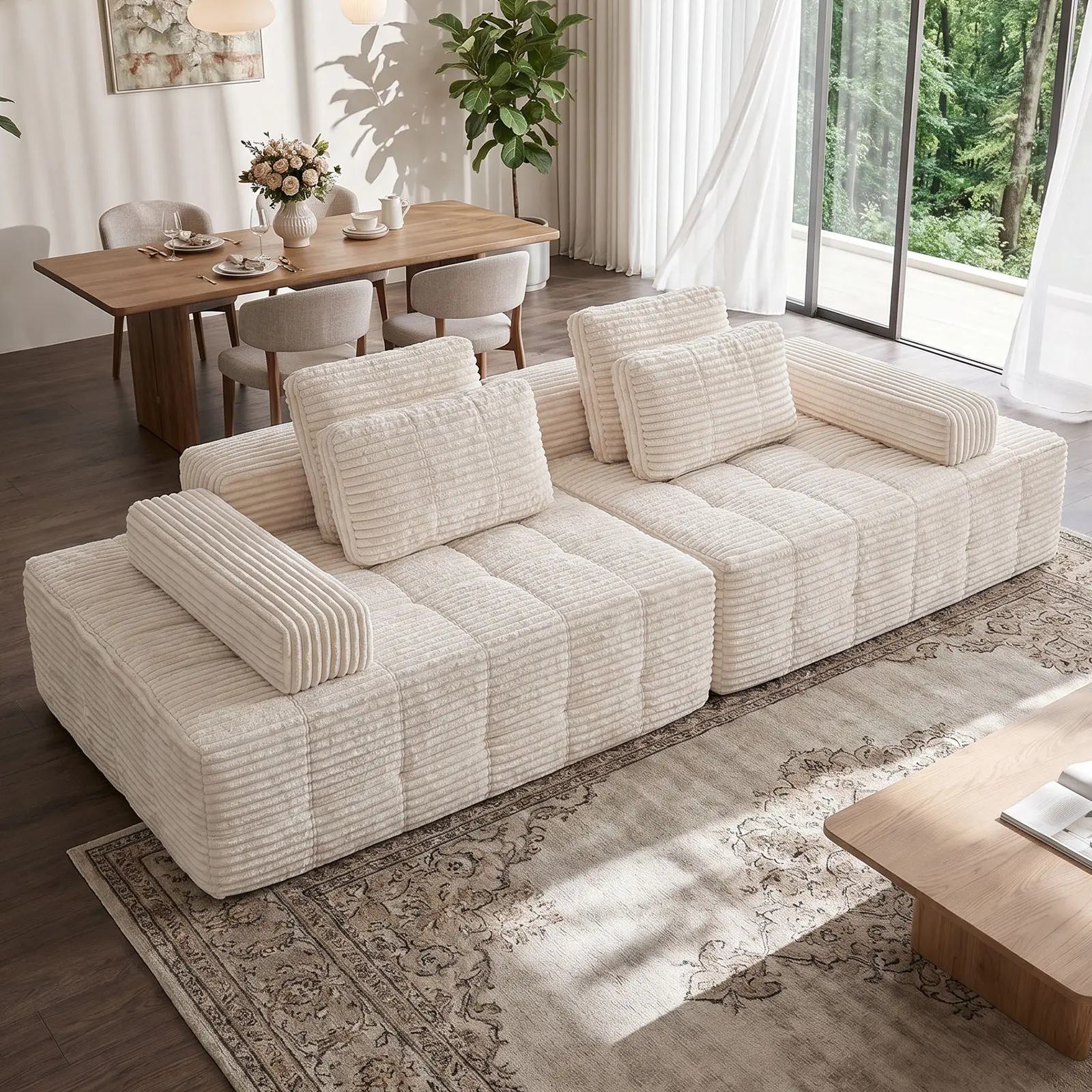 XYTLBQE Modular Loveseat Couch - 113in Seamless Compact Frameless Corduroy Modern Sofa, Ergonomic Multifunctional Floor Sofa Bed, Durable Fully Assembled Apartment Living Room Furniture for Reading Nooks (Shipped as 2 Pieces), Modern Corduroy Sofa, Apartm