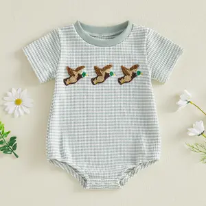 Meihuida Baby Boy Summer Clothes Mallard Duck Embroidery Newborn Bubble Romper Short Sleeve Bodysuit Infant Hunting Clothing