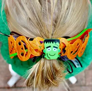Frankenstein & Pumpkin Halloween Hair Ribbon Streamer Bow on Elastic Hair Tie