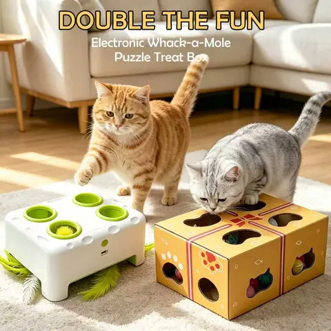 HAPPYCODE 3-in-1 Automatic Electric Cat Toy - ABS Plastic Cartoon Print Universal Fit, Smart Whack-a-Mole, Rotating Feather Wand, Auto Pause Cycles, Auto Motion, Spin+Whack Combo, 500 mAh Rechargeable Battery for Indoor Cats’ Boredom Relief