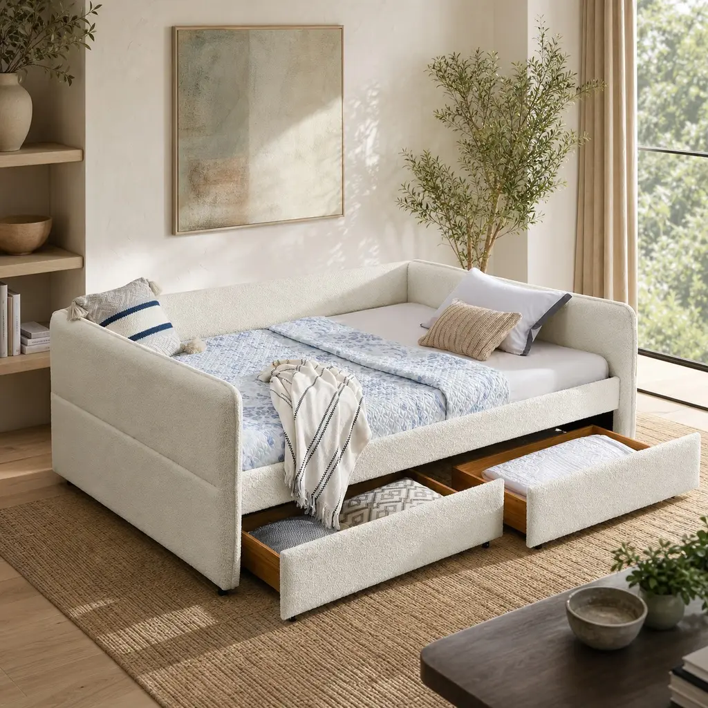 Queen Size Upholstered Tufted Daybed with Trundle and Two Drawers, Boucle Fabric Beige Sofa Bed for Living Room Bedroom Guest Room, 88x65.5x29.5 Inches, Beige Color Options, Boucle Material, Product Dimensions: Not Applicable W x Not