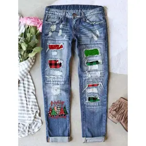 Denim jeans with a Christmas tree print, distressed hole design, cat ear details, elastic waistband—all-season casual pants GARMENTARY