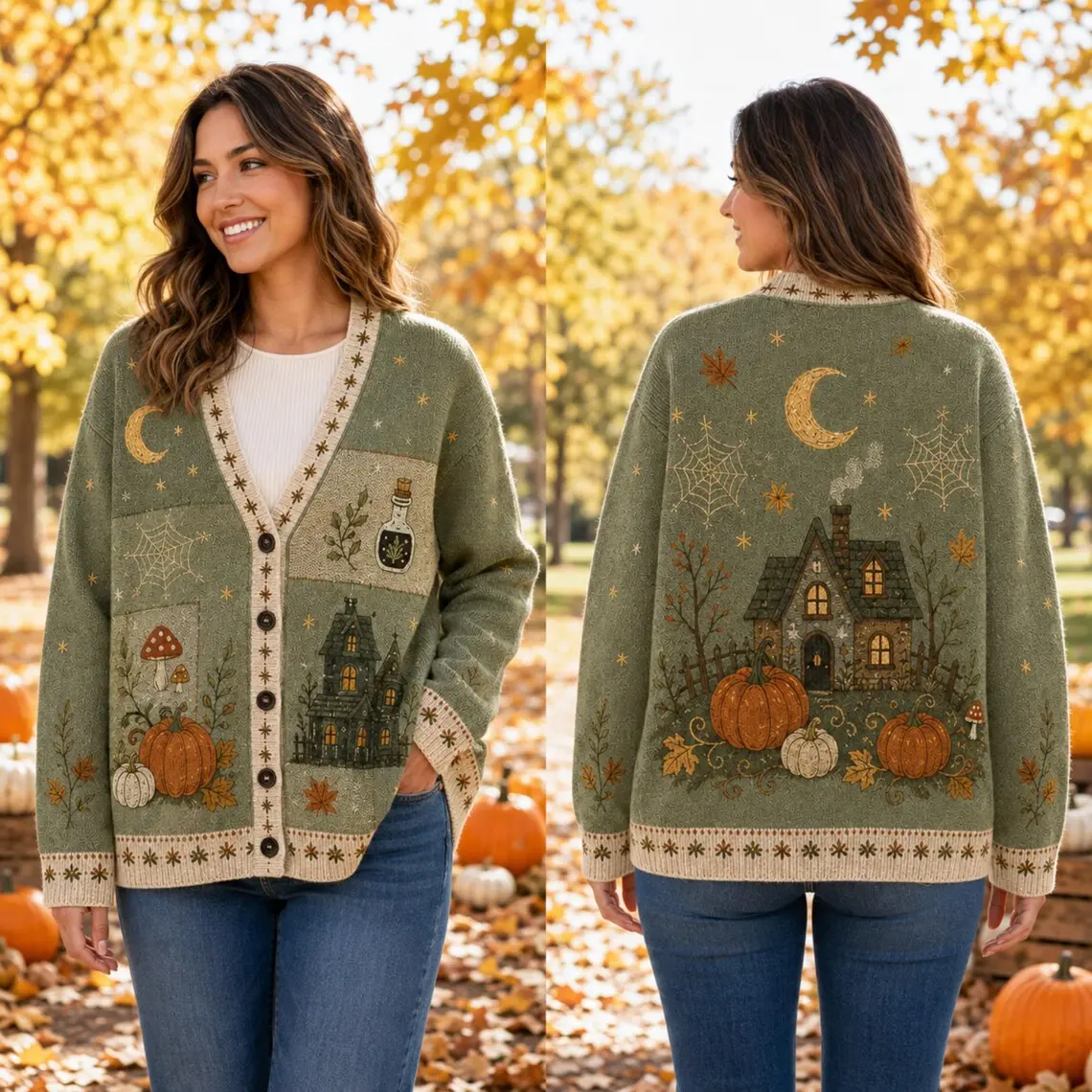 Cottagecore Witchy Mushroom Pumpkin Magic Potion Cardigan Oversized V-Neck Button Up Sweater Sage Green Fall Unisex Gift