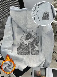 Women's Casual Sunflower Print Hoodie, Drop Shoulder Long Sleeve Fitted Pullover, Fall & Winter Fashion, Letter Pattern