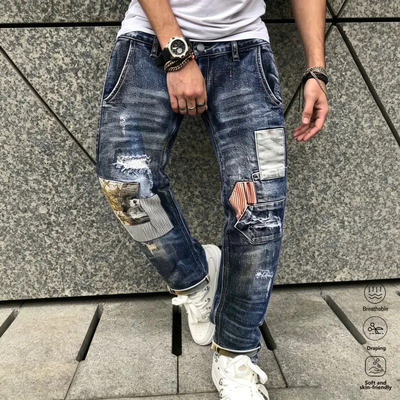 Clean Gent men’s casual denim long pants featuring a distressed patchwork design; cotton fabric that is skin-friendly, breathable, sweat-wicking, comfortable, and soft; suitable for everyday wear and outdoor activities; Father’s Day gift.
