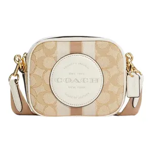 COACH Dempsey 14 Classic Jacquard and Pebbled Leather Camera Bag for Women, Crossbody Style, Light Khaki