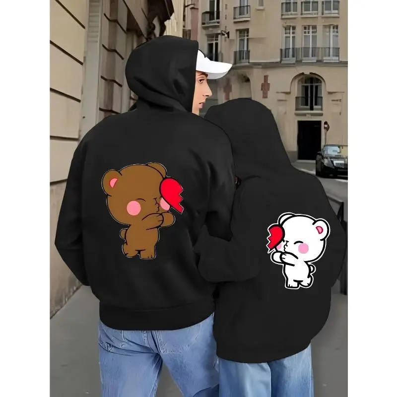 Couple Matching  Hoodies – Cartoon Bear Heart Graphic, Warm Fall Winter Casual Wear, Front Pockets, Cozy Romantic Style