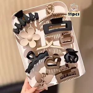 11PCSMatte Hair Claws Set, Colorblock Hair Claws, Flat Claw Clips, Flower Hair Clip, Hair Accessories for Women & Girls, Minimalist Headwear Suitable for Thick Hair