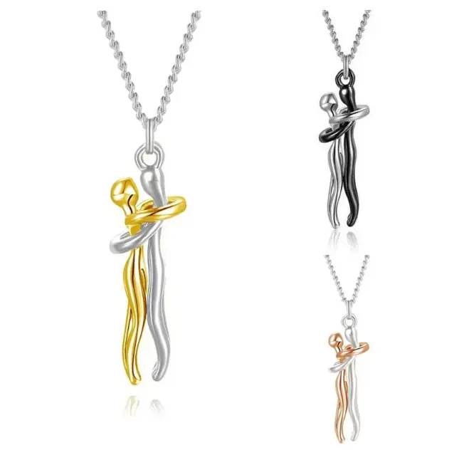 Minimalist 2-Figure Hugging Couple Necklace, Stainless Steel Love Hug Pendant, 0.39 In White and Gold Steel Chain, Romantic Jewelry Gift for Women Men, Two-Figure