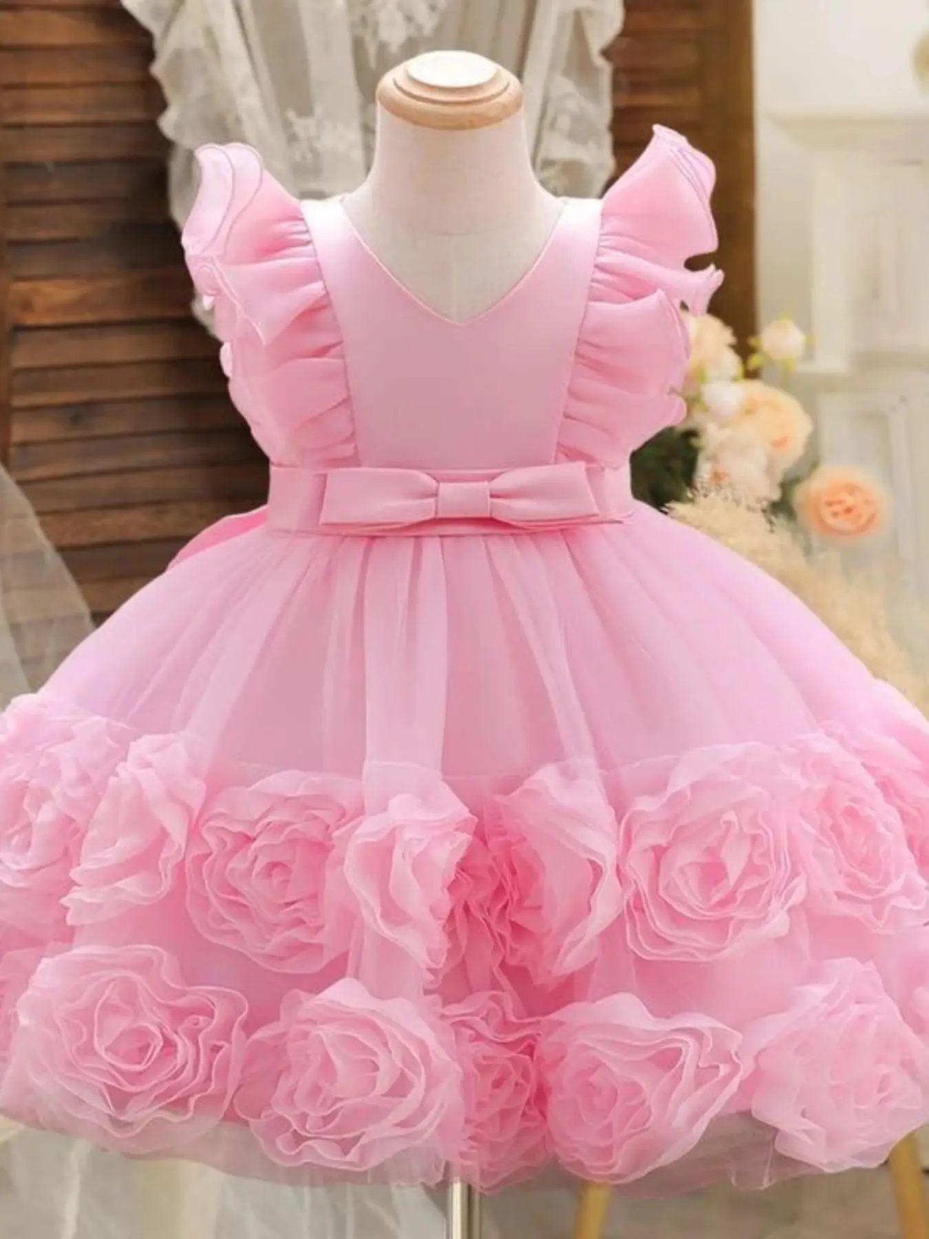 Baby Girl's Plain Appliques Big Bow Decor Princess Party Dress, Cute Butterfly Cap Sleeve Zipper Back Partywear for Wedding Birthday Party, Newborn In