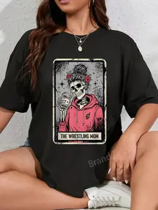 100% Cotton Vintage The Wrestling Mom Tarot Card Skeleton Mama Mom T-Shirt