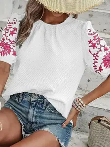 Embroidered Floral Sleeve Textured Blouse