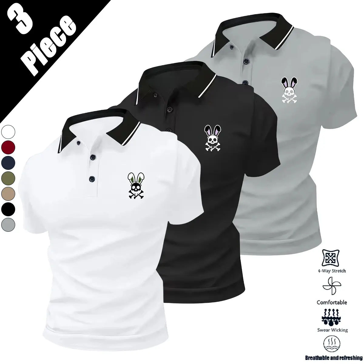 3-Pack Men’s Solid Color Polo Shirts with Turn-Down Collar, Breathable Quick-Dry Golf Casual Shirt, Lightweight Stretch Fabric, Suitable for Summer Office Wear, Rabbit Skull Head Print, Comfortable Fit Short Sleeve Tops