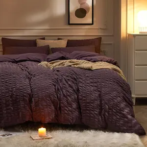 Purple Duvet Cover Queen Size, 3pcs Washed Microfiber, Seersucker Duvet Cover with Closure and Corner Ties for Seasons