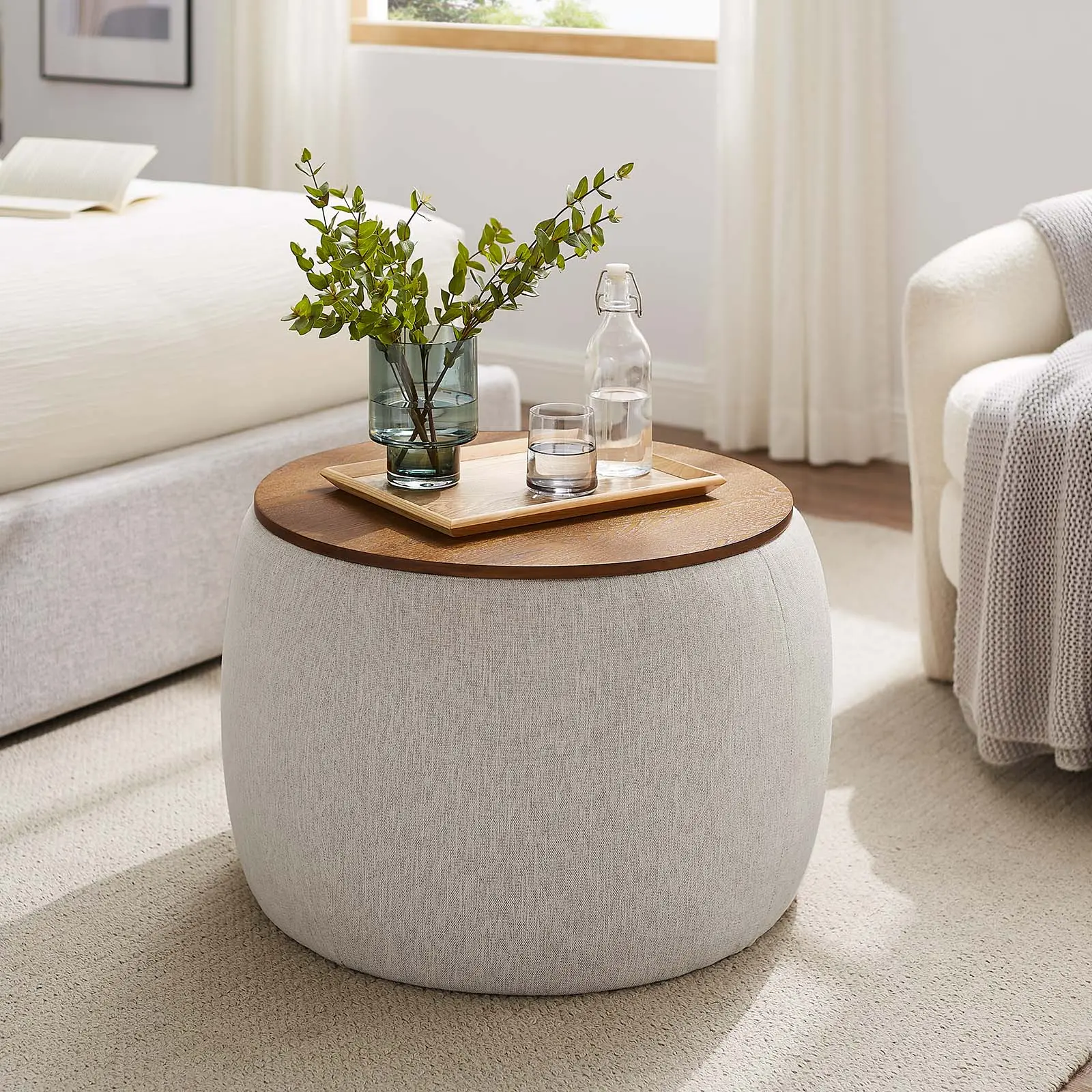 Modway Perla Round Upholstered Fabric Ottoman with Storage - Ivory, Multipurpose Furniture, Hidden Storage, Plywood Base
