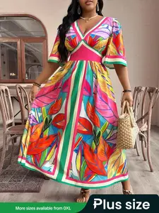 【Plus Size】 V Neck Dress, Bohemian Plus Casual Dress for Daily Wear, Boho Women's Plus Clothing for Summer