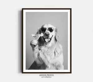 [Sale up to 30%] + [FREE SHIP] + [NO FRAME] Golden Retriever Holding A Cocktail Wall Art, Black and White Dog Gift Fan Martini Alcohol Print, Funny Pet Bar Cart Decoration Idea Artistic Poster Photo