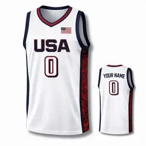 USA V Neck Basketball Tank Top, Breathable Mesh All Over Print Sleeveless Jersey, Custom Name Number