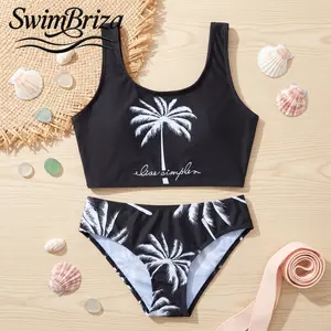 Briza｜Girls Sporty Scoop Neck Two Piece Swimsuit High Waisted Bikini Set Matte Black White Palm Print Bathing Suit Beach Swimwear Summer Pool Vacation Rash Guard Support Kids Swimsuits, Girls Swimwear, Kids Bathing Suit, Two Piece Bathing Suit