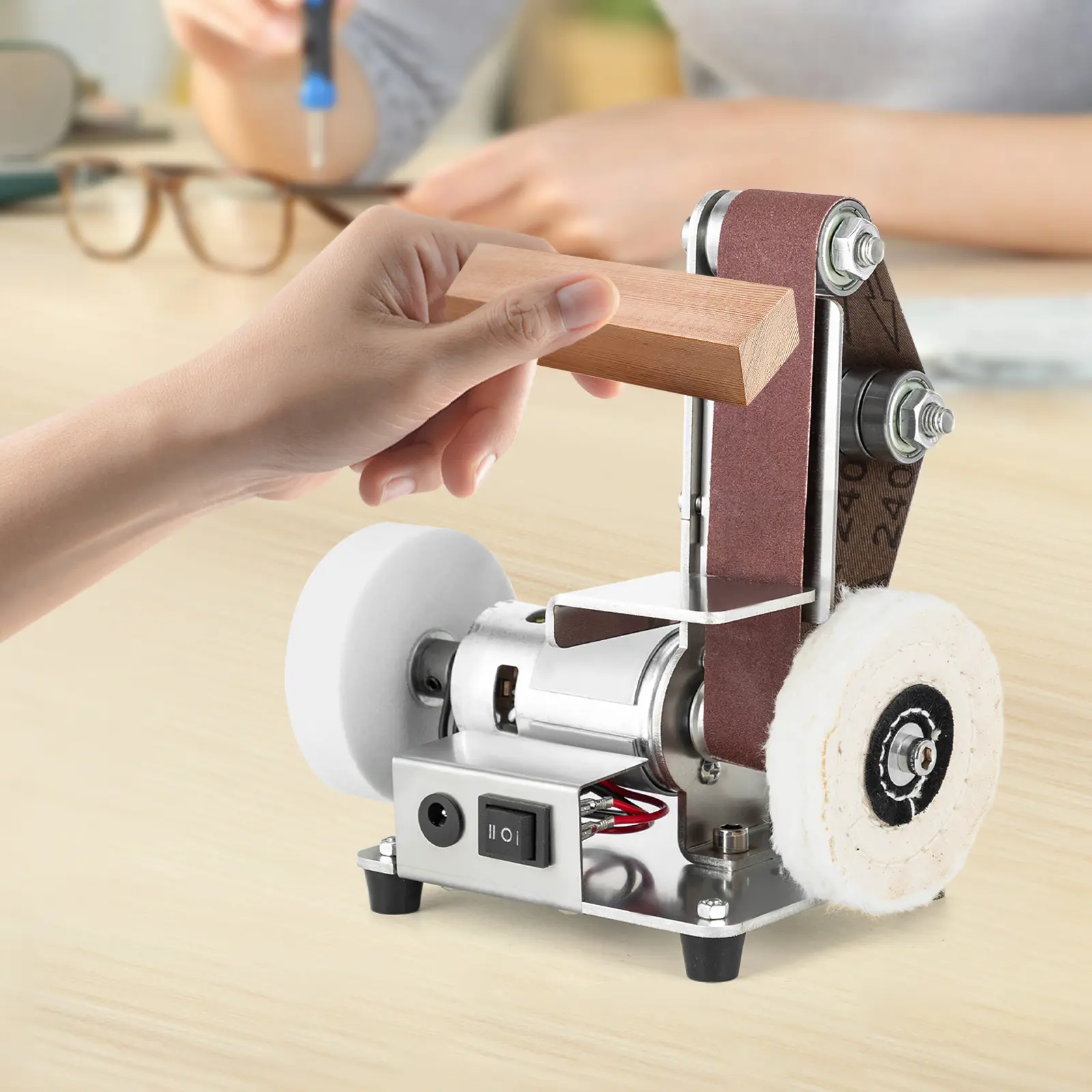 Mini Belt Sander Power Hardware Tool, 5.9x4.72x7.09in 304 Stainless Steel, 7-Speed 4000-9000rpm for DIY Woodworking, Metal Jewelry Making