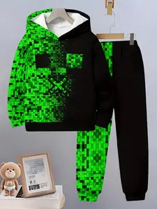Minecraft Enderman Kids' Hoodie Set, Pixel Style, Fitted Jogger Pants, Casual Fall & Winter, Trendy Game Wear