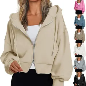 Goranbon Women's Crop Zip Up Hoodies Casual Long Sleeve Hooded Cropped Sweatshirts with Pockets