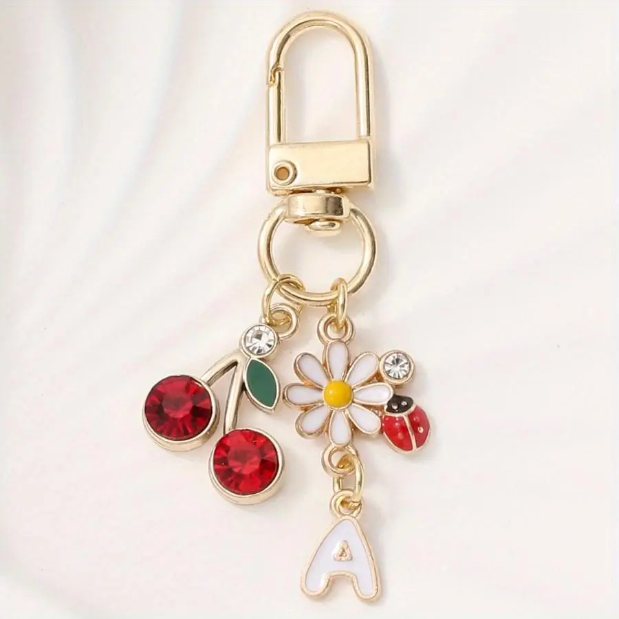 1pc Fashion Cute Flowers Cherry Letter Pendant Fashionable Alloy Keychain Accessories Creative Design Birthday Gift Ladybug Keychain Charm Cute Keychain Accessory Floral Pattern Keychain