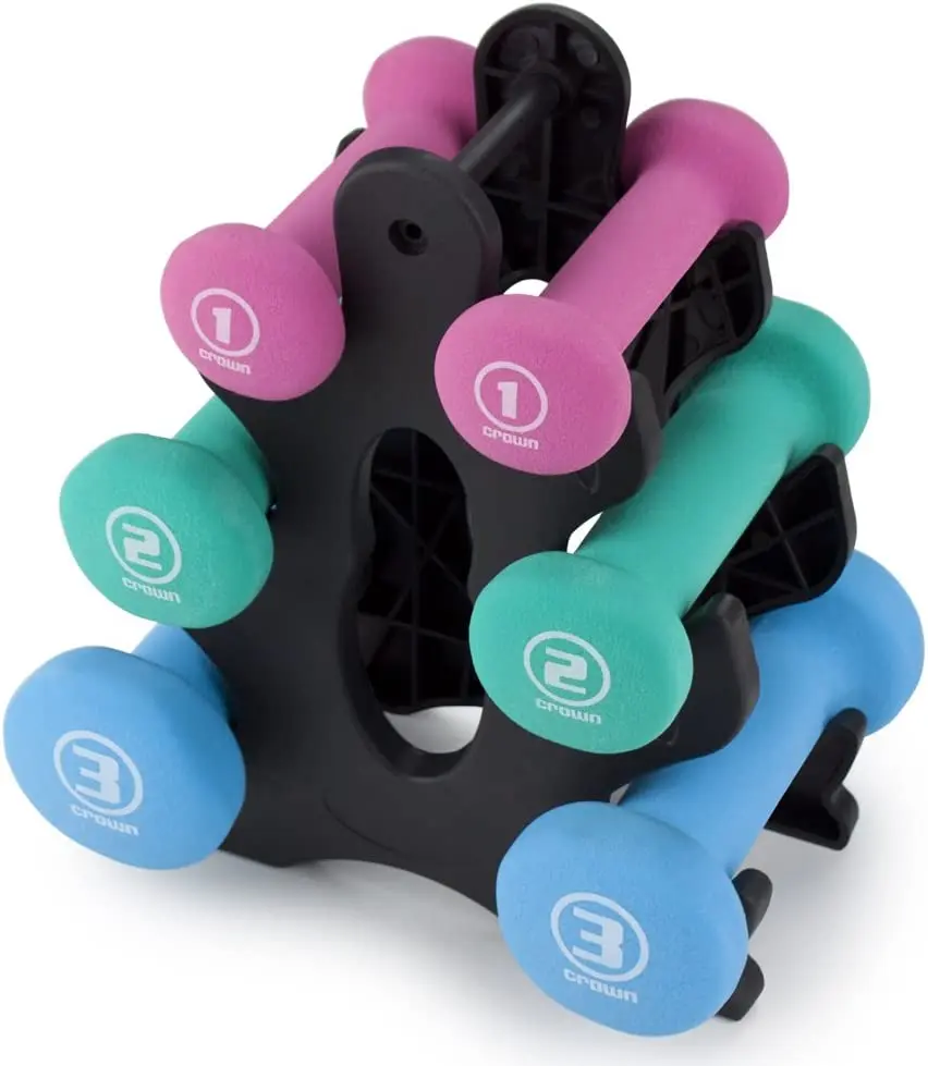 Crown Sporting Goods Hand Weights Dumbbells Set - 1, 2 and 3 Lbs with Rack - Soft and Comfortable Neoprene Weights Set for Home Gym - Indoor and Outdoor Dumbbell Sets with Rack, Sprint Set