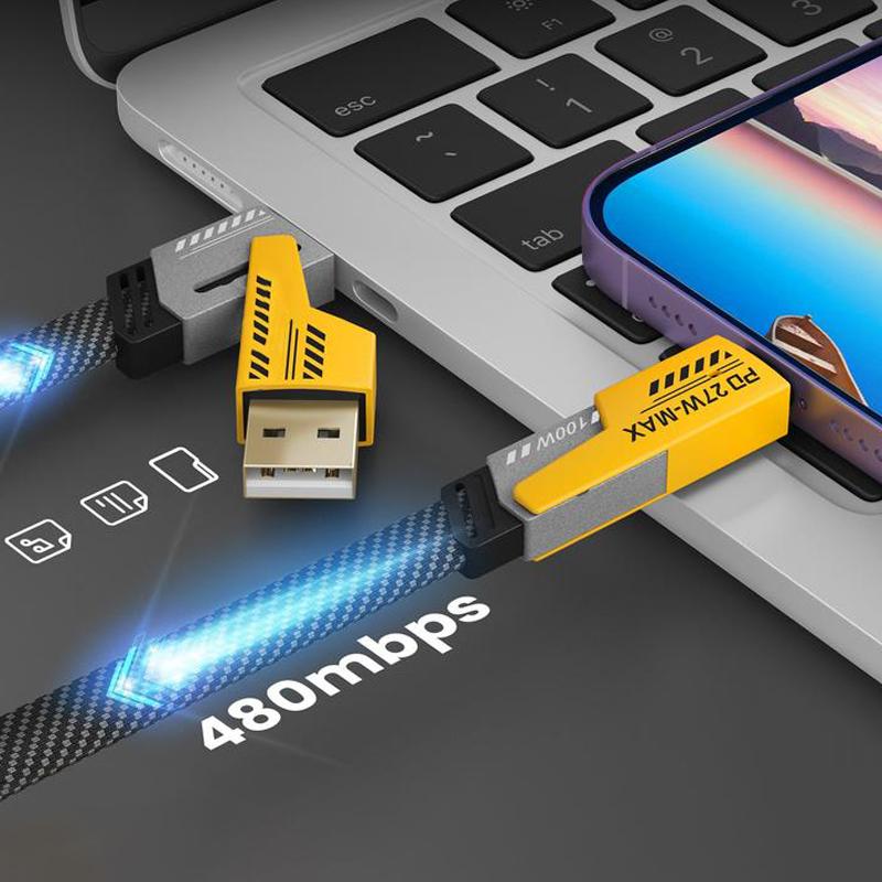 [ BUY 1 Get 1 Free ] 5ft Fast Charging super Cable 4 in 1 with USB A Type C Lightning for iPhone17&Samsung Laptops Charger Braided Data Cable Lengths for Gaming Office Car Travel Compatible