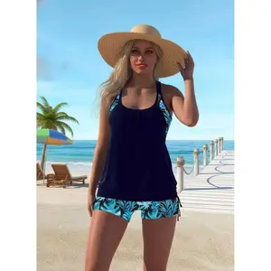 Navy Blue Swimsuit Women Tropical Coconut Tree Print Backless Beach Bathing Suit - Patchwork One Piece Swimwear For Summer Vacation