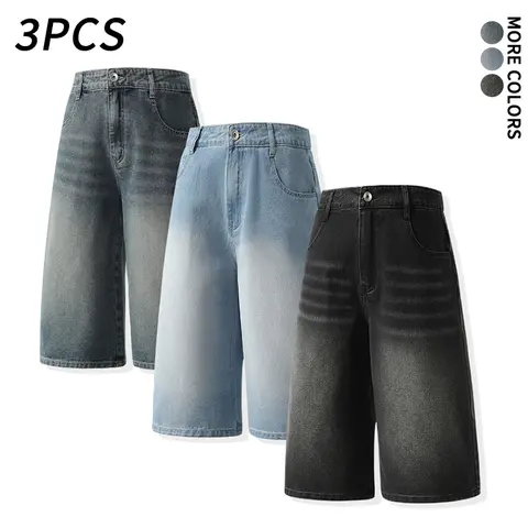 Men's 3-Piece Denim Shorts Set - Gradient Faded Vintage Wash, Loose Wide-Knee, Unisex Straight-Leg Cropped 3-Quarter, Basic Comfortable Everyday Streetwear Vintage Clothing for Skate, Casual Occasions