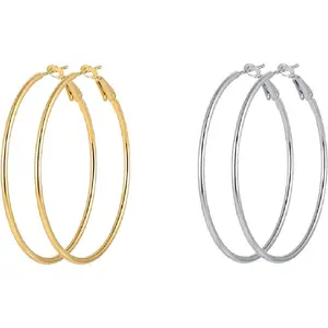 2 Pairs Big Hoop Earrings Gold Hoop Earrings Hypoallergenic Large Hoop Earrings Circle Endless Thin Hoop Earrings Silver Hoop Earrings Big Large Statement Earrings for Women Girls-30/40/50/60/70mm
