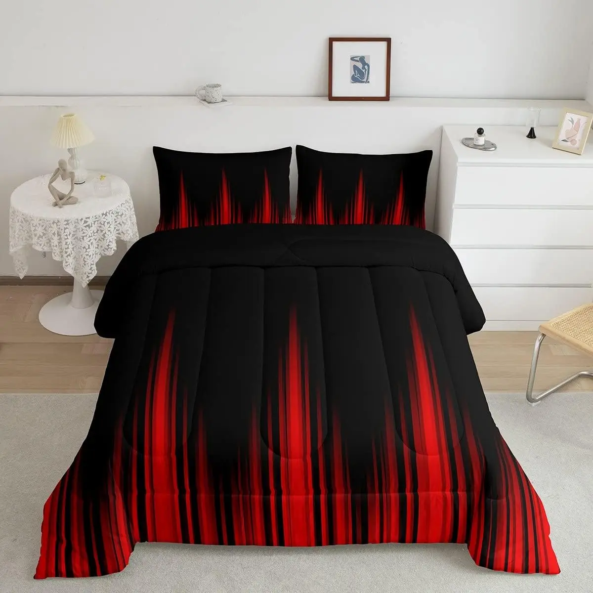 Feelyou King Size Microfiber Decorative Bedding Set - Red & Black Digital Geometric Abstract Print Comforter, Soft Fabric, Dark Gradient Modern Duvet, Machine Washable, Multi-Size Option