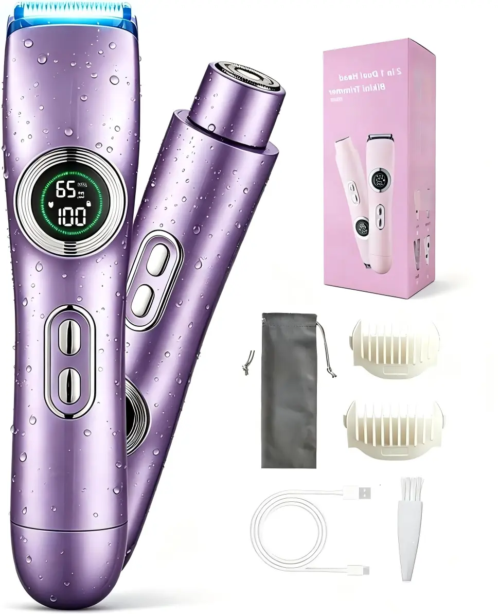 UV Spray Finish Women Bikini Trimmer Dual Head Built-inLED Light Child Lock IPX7 Waterproof Rechargeable Wet DryBody Hair Shaver for Sensitive Skin